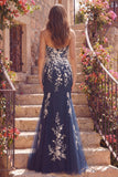 Navy Sweetheart Mermaid Floral Long Prom Dress with Appliques