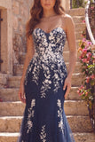 Navy Sweetheart Mermaid Floral Long Prom Dress with Appliques