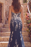 Navy Sweetheart Mermaid Floral Long Prom Dress with Appliques