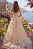 Champagne A-Line Off the Shoulder Corset Long Prom Dress with Appliques