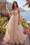 Champagne A-Line Backless Ruffle Long Prom Dress with Appliques