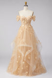 Champagne A-Line Off the Shoulder Floral Corset Long Formal Dress with Ruffles