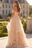 Floral Champagne A-Line Corset Long Formal Dress with Ruffles