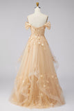 Champagne A-Line Off the Shoulder Floral Corset Long Formal Dress with Ruffles