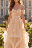 Floral Champagne A-Line Corset Long Formal Dress with Ruffles