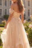 Floral Champagne A-Line Corset Long Formal Dress with Ruffles