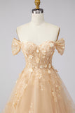 Champagne A-Line Off the Shoulder Floral Corset Long Formal Dress with Ruffles