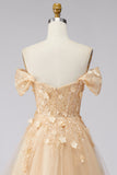 Champagne A-Line Off the Shoulder Floral Corset Long Formal Dress with Ruffles