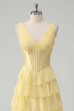Butter Yellow Chiffon A-Line V-Neck Corset Tiered Ruched Maxi Dress with Slit