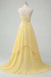 Chiffon Butter Yellow A-Line One Shoulder Ruched Maxi Dress