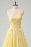 Chiffon Butter Yellow A-Line One Shoulder Ruched Maxi Dress