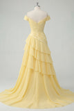 Off the Shoulder Chiffon Butter Yellow A-Line Ruched Tiered Maxi Dress with Slit
