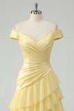 Off the Shoulder Chiffon Butter Yellow A-Line Ruched Tiered Maxi Dress with Slit