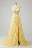 A-Line Chiffon Butter Yellow One Shoulder Ruched Maxi Dress with Slit