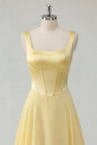 A-Line Butter Yellow Chiffon Square Neck Corset Maxi Dress