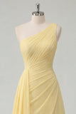 Butter Yellow A-Line One Shoulder Chiffon Ruched Maxi Dress with Slit