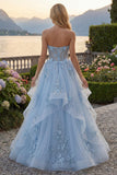 Blue A-Line Sweetheart Corset Appliqued Long Prom Dress with Beading
