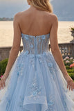 Blue A-Line Sweetheart Corset Appliqued Long Prom Dress with Beading