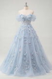 Blue A-Line Off the Shoulder Corset Beaded Long Prom Dress with Appliqued 3D Flowers