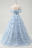 Blue A-Line Off the Shoulder Corset Beaded Long Prom Dress with Appliqued 3D Flowers
