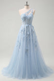 A-Line One Shoulder Blue Corset Appliqued Long Prom Dress with Beading
