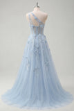 A-Line One Shoulder Blue Corset Appliqued Long Prom Dress with Beading