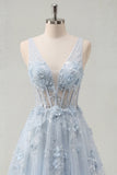 A-Line Blue V-Neck Beaded Corset Appliqued Long Prom Dress with Slit