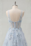 A-Line Blue V-Neck Beaded Corset Appliqued Long Prom Dress with Slit
