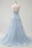 A-Line Blue Spaghetti Straps Beaded Sheer Corset Long Prom Dress with Appliques