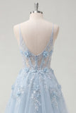 A-Line Blue Spaghetti Straps Beaded Sheer Corset Long Prom Dress with Appliques