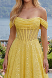 Sparkly A-Line Yellow Off the Shoulder Corset Sequins Long Prom Dress