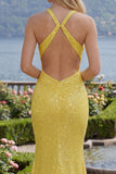 Sparkly Mermaid Yellow Halter Neck Sequins Long Prom Dress