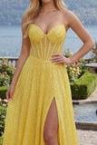 Sparkly Yellow A-Line Sweetheart Corset Sequins Long Prom Dress with Slit
