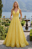 Sparkly Yellow A-Line Corset V-Neck Sequins Long Prom Dress with Pockets