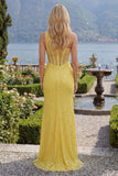 Sparkly Yellow Mermaid One Shoulder Corset Sequins Long Prom Dress with Slit