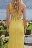 Sparkly Yellow Mermaid One Shoulder Corset Sequins Long Prom Dress with Slit