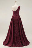 Sparkly Burgundy A-Line One Shoulder Sequins Long Prom Dress with Slit