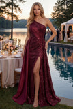 Sparkly Burgundy A-Line One Shoulder Sequins Long Prom Dress with Slit