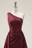 Sparkly Burgundy A-Line One Shoulder Sequins Long Prom Dress with Slit