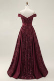 Sparkly Off the Shoulder Burgundy A-Line Sequins Long Prom Dress