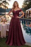 Sparkly Off the Shoulder Burgundy A-Line Sequins Long Prom Dress
