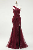 Sparkly One Shoulder Burgundy Mermaid Sequins Long Prom Dress with Slit