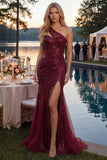 Sparkly One Shoulder Burgundy Mermaid Sequins Long Prom Dress with Slit