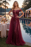 Sparkly A-Line Off the Shoulder Burgundy Sequins Long Prom Dress