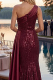 Sparkly Burgundy Mermaid One Shoulder Sequins Long Prom Dress with Slit