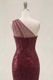 Sparkly Burgundy Sequins Mermaid One Shoulder Long Prom Dress with Slit
