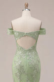 Mermaid Green Off the Shoulder Corset Appliqued Long Prom Dress