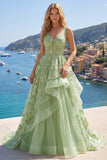 Green A-Line Corset V-Neck Appliqued Long Prom Dress with Ruffles