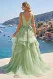 Green A-Line Corset V-Neck Appliqued Long Prom Dress with Ruffles