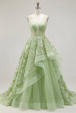 Green A-Line Corset V-Neck Appliqued Long Prom Dress with Ruffles